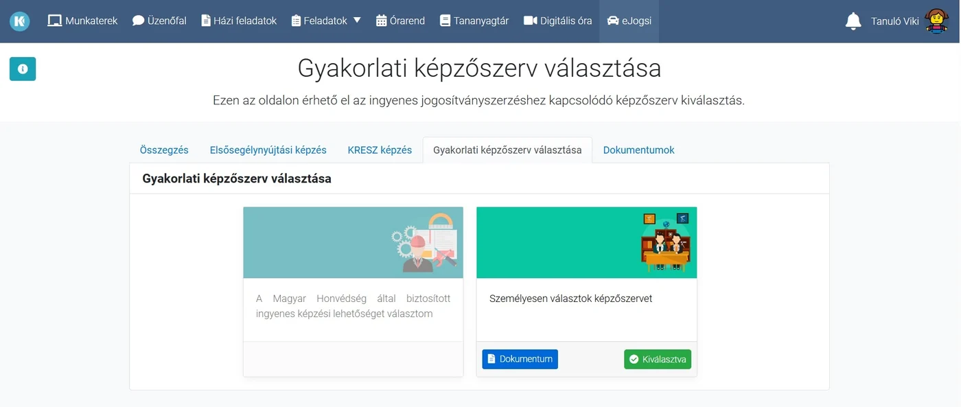 A Dokumentum gomb a KRÉTA eJogsi gyakorlati képzőszerv választási oldalán