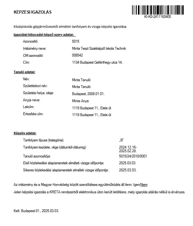 A KRÉTA DKT eJogsi rendszerből letölthető Képzési igazolás mintája