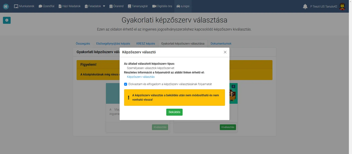 A képzőszerv-választás megerősítő ablaka a KRÉTA eJogsi felületén