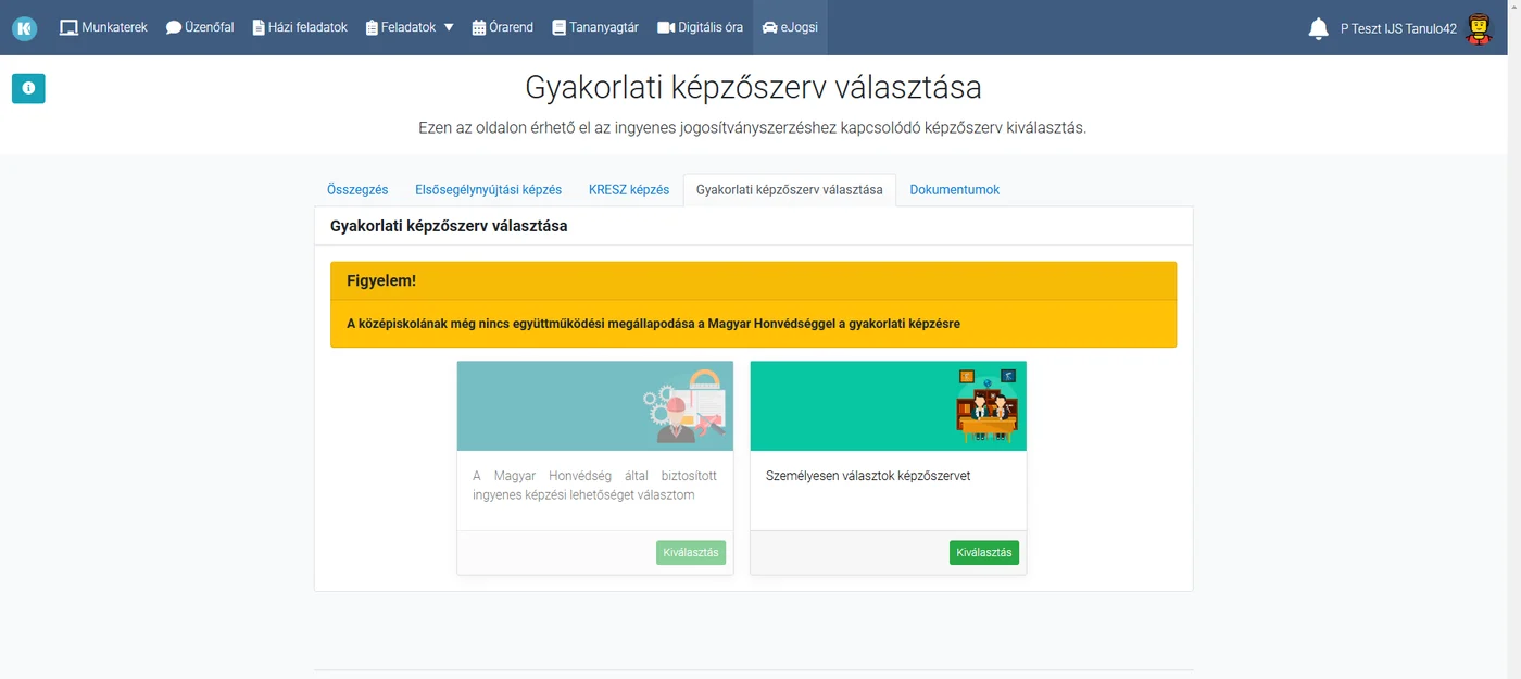 A Személyesen választok képzőszervet lehetőség a KRÉTA eJogsi felületén